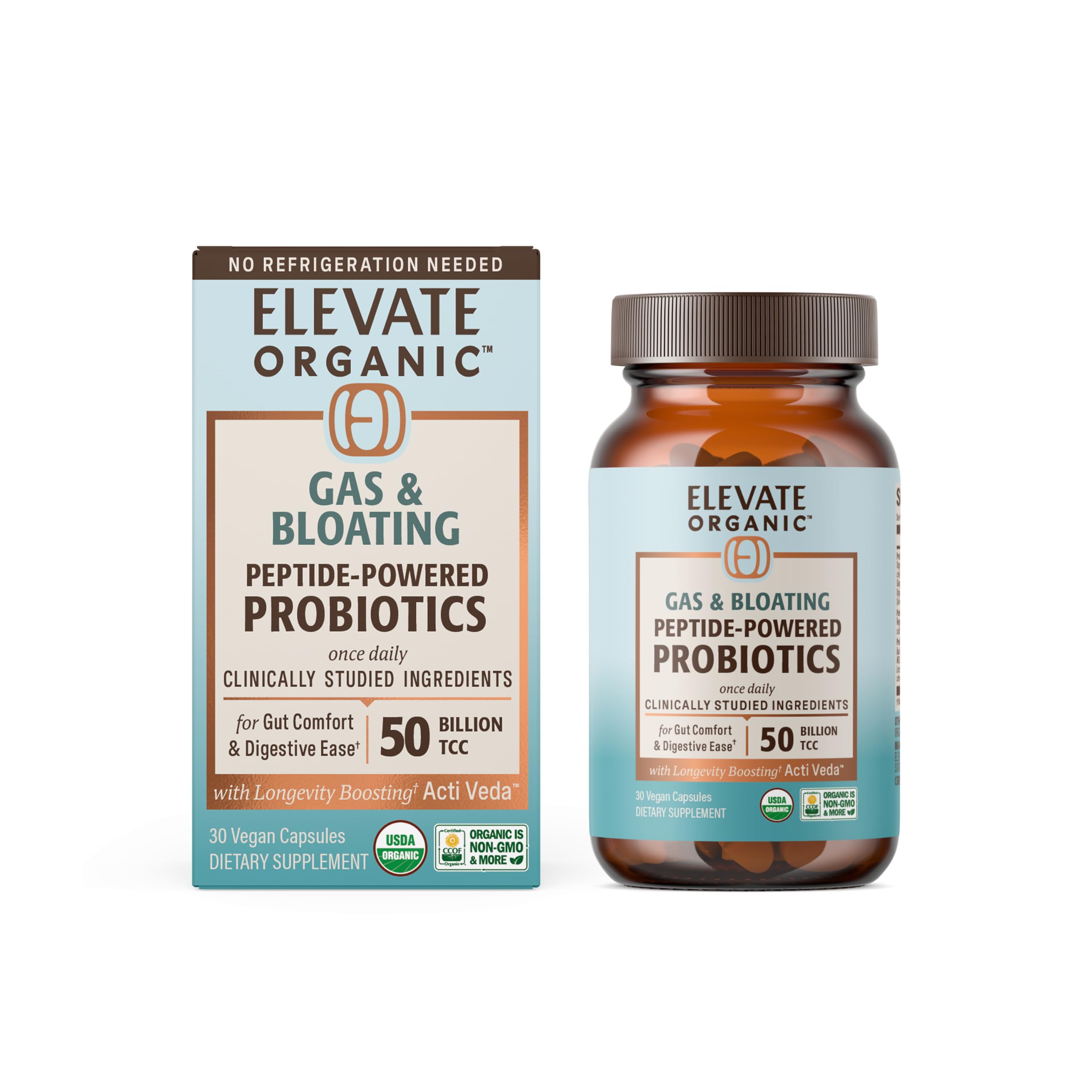 ELEVATE ORGANIC Suplemento de Probióticos com Prebióticos, Pós-bióticos e Peptídeos, 30 cápsulas