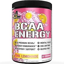 Evlution EVL BCAAs Amino Acids Powder - BCAA Energy Pre Workout Powder for Muscle Recovery Lean Growth and Endurance - Rehydrating Post Workout Recovery Drink with Natural Caffeine - Pink Lemonade