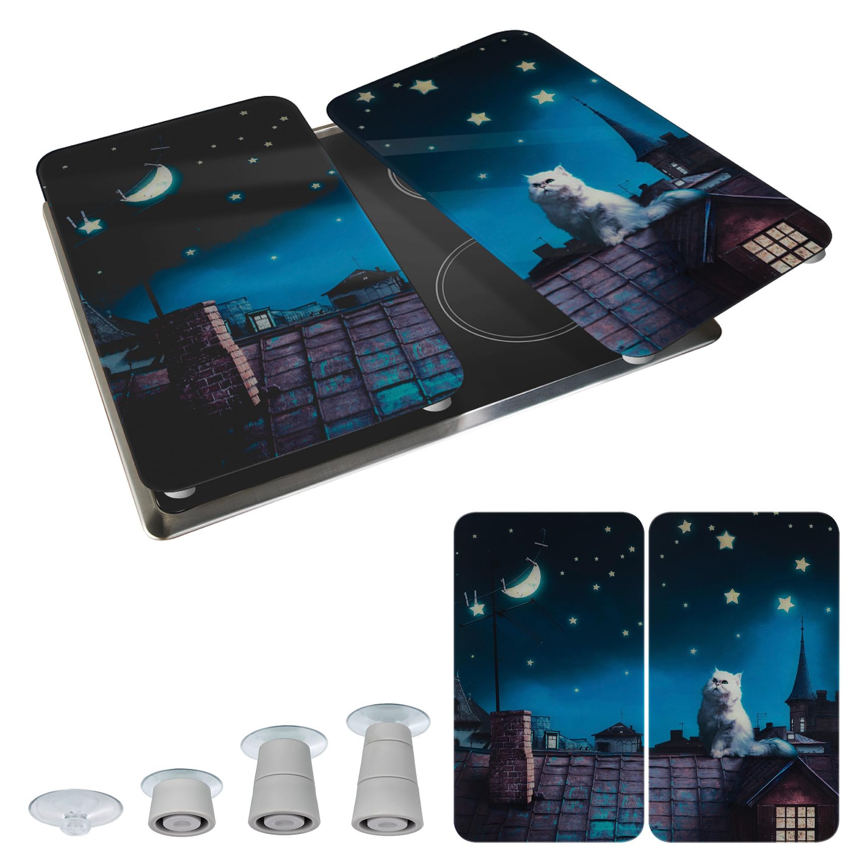 WENKO Herdabdeckplatte Universal Mod. Moon Cat, höhenverstellbar für alle Herdarten, Schneidebrett und Spritzschutz, Glas, 30 x 52 cm, 2-teilig