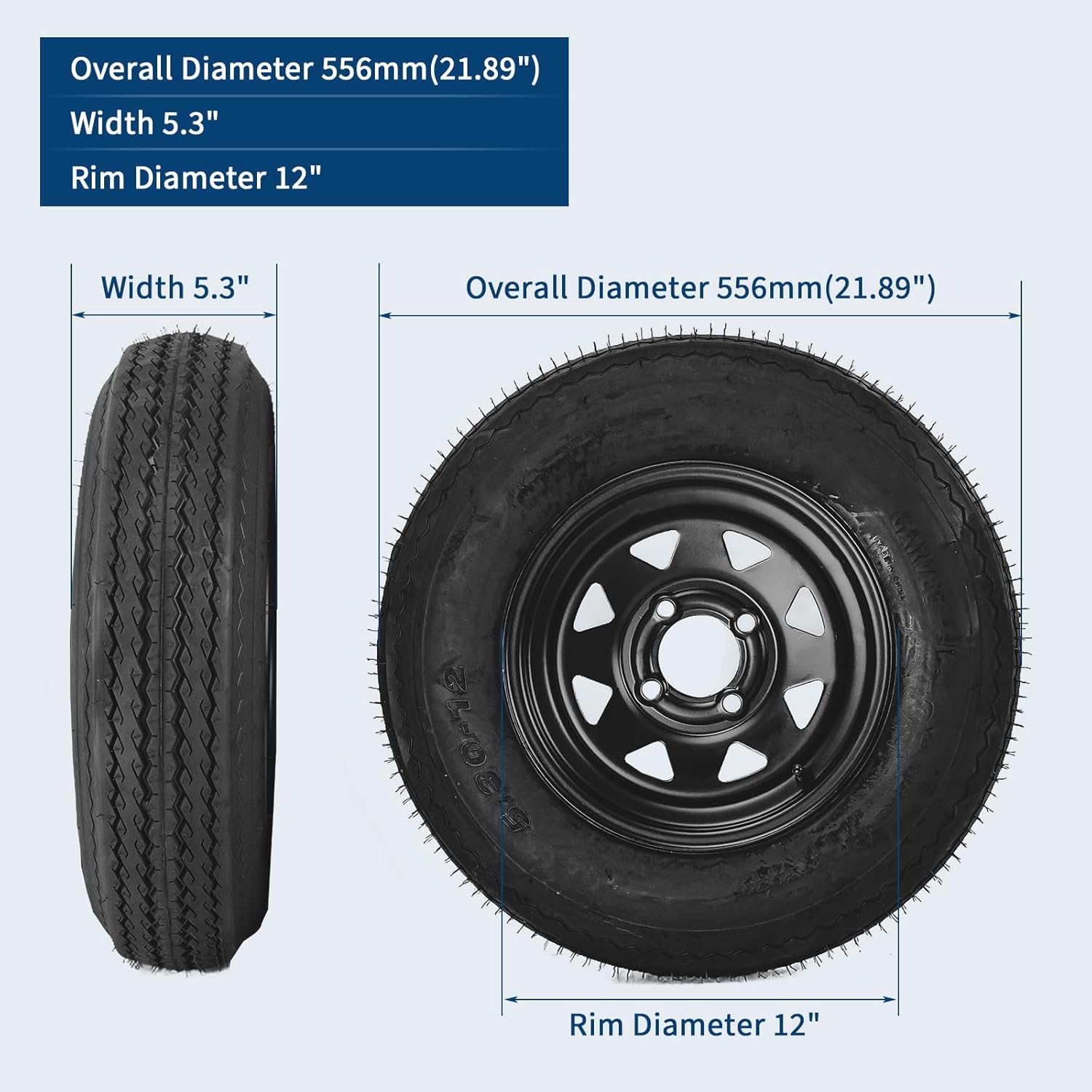 2-Pack Trailer Tire On Rim 5.30-12 530-12 5.30x12 Trailer Tires and 4 Lug on 4 in PCD 12 in Wheels Load Range C 6PR Black