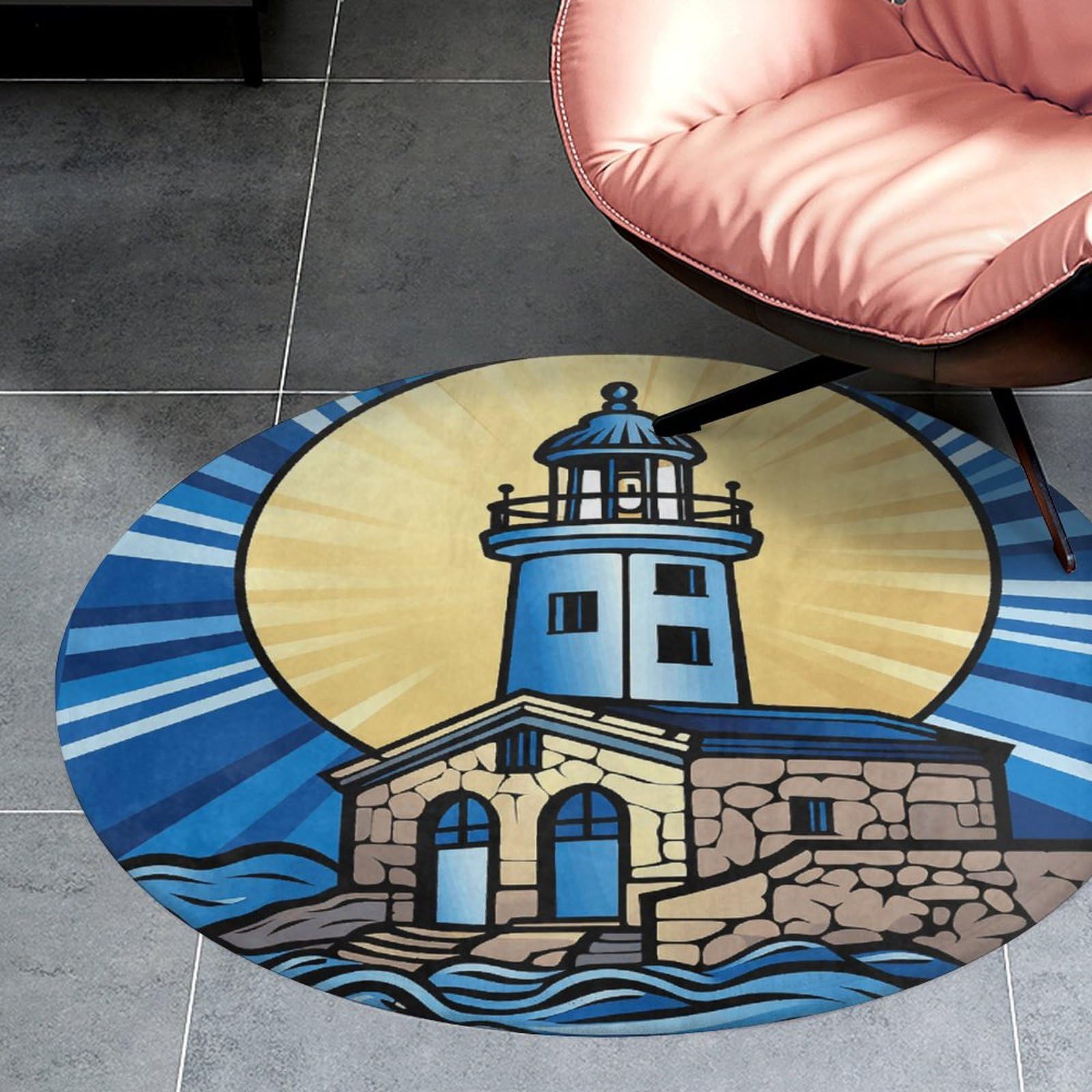Round Rug Soft Absorbent Bath Mat Non-Slip Chair Pad Blue Lighthouse Area Rug for Living Room Doormat 35.4 in Small Floor Carpet Washable Circular Rug