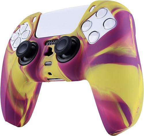 Miniatura 5 de PlayVital Funda de silicona antideslizante de camuflaje morado y amarillo de dos tonos para controlador PS5, funda de goma suave para controlador