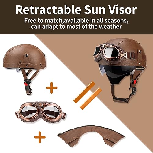 Miniatura 4 de Medio casco de cuero de estilo alemán para adultos, hombres y mujeres, aprobado por el DOT, casco de motocicleta de media cara para Cruiser Chopper