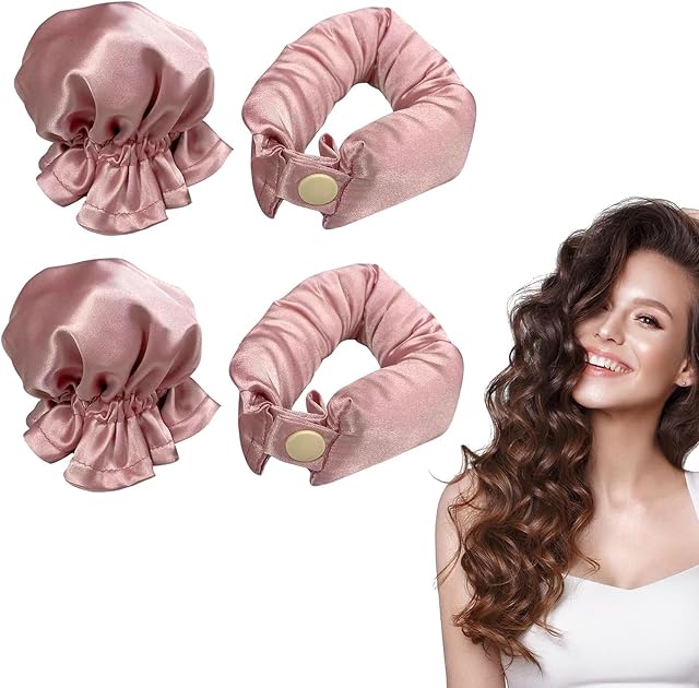 Leikedun 2 Pack Heatless Hair Curler Pink Satin Heatless Curls Headband with Hairnet Heatless Curls Set for Girls Women Sleeping Styling Hairdressing DIY Curlers Hair Tools