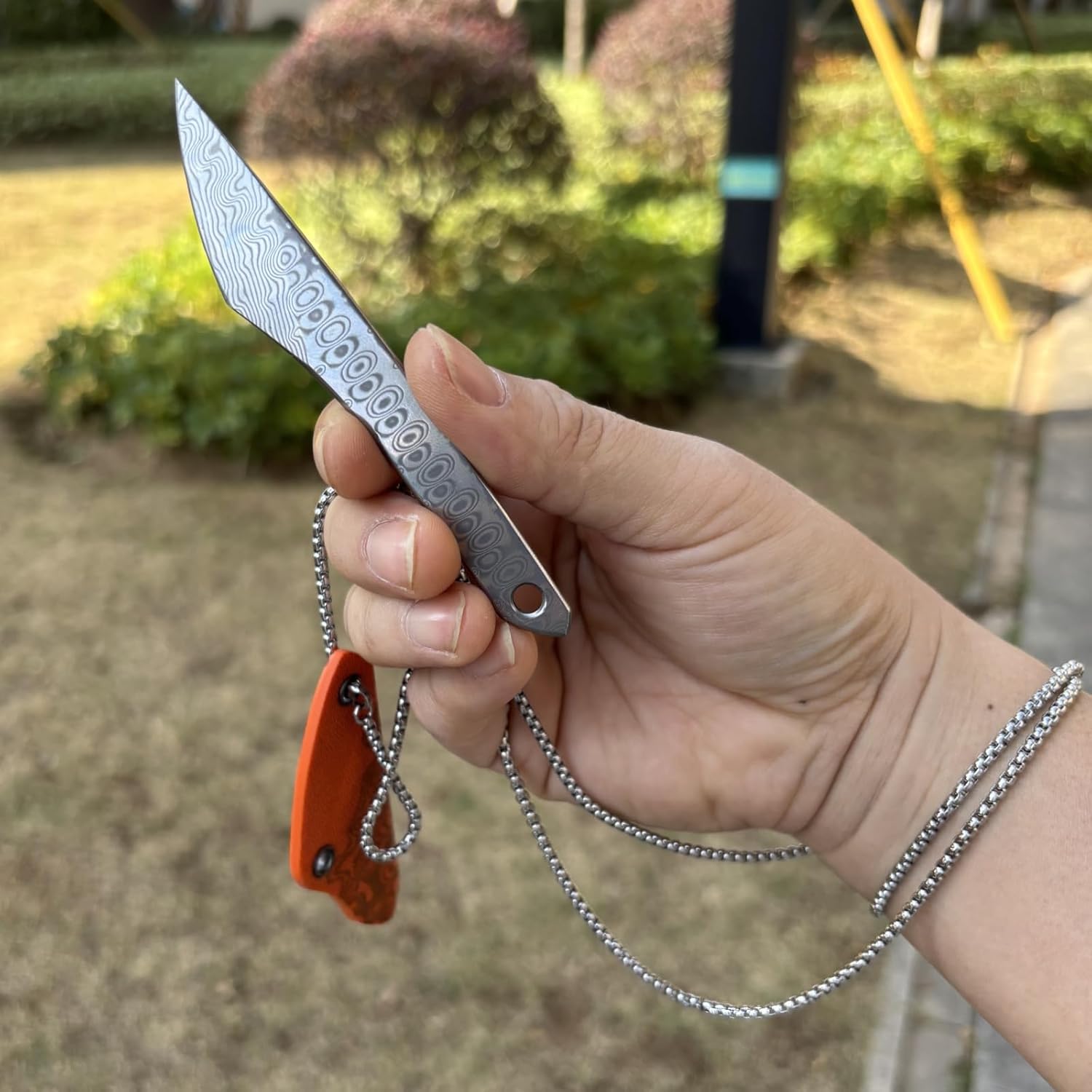 Damascus fixed blade knife with sheath, neck hanging rope, camping fixed blade small EDC knife for hiking