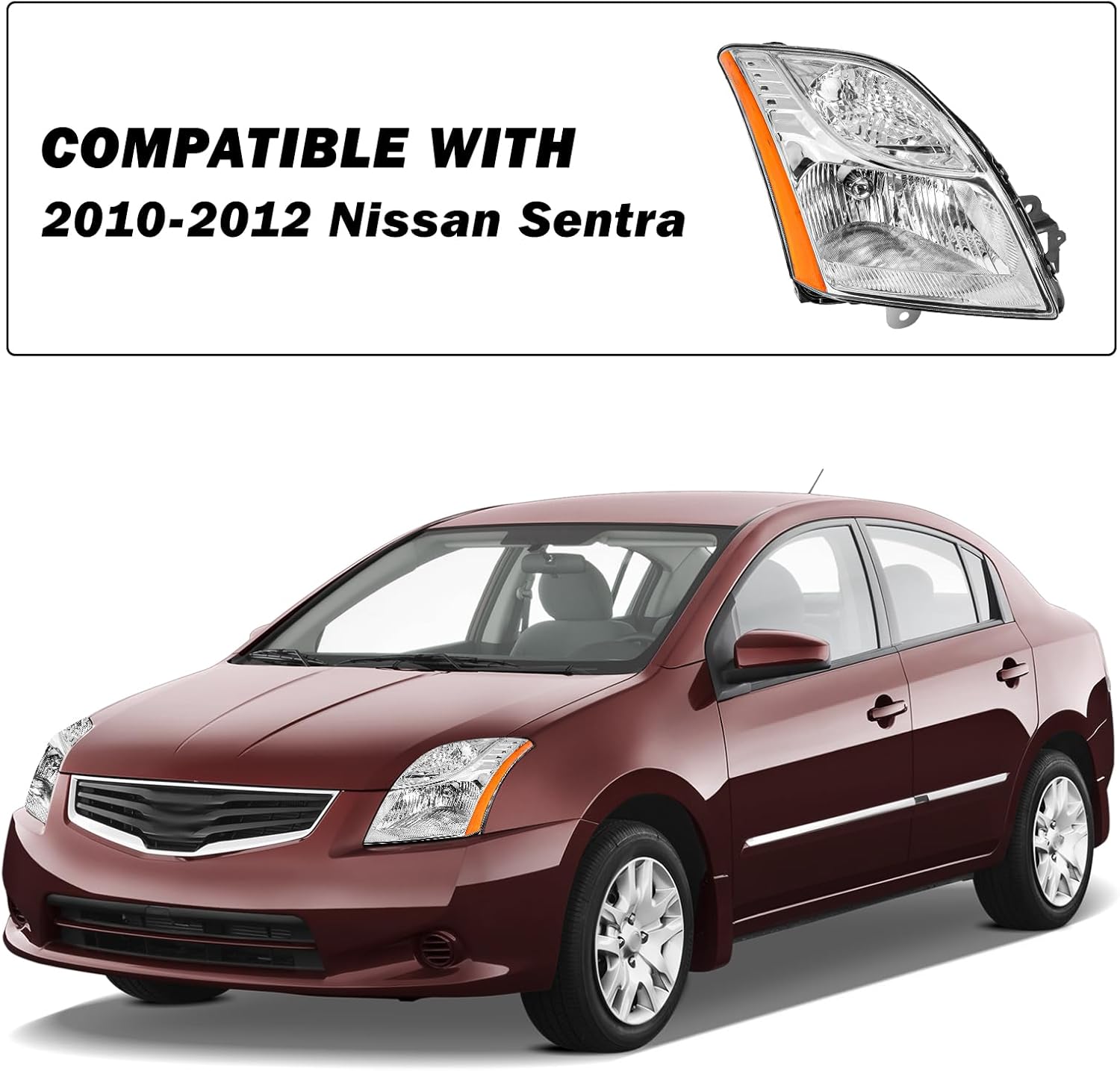 SOCKIR Headlight Assembly Set Fit for 2010 2011 2012 Nissan Sentra Driver and Passenger Side Chrome Headlamp