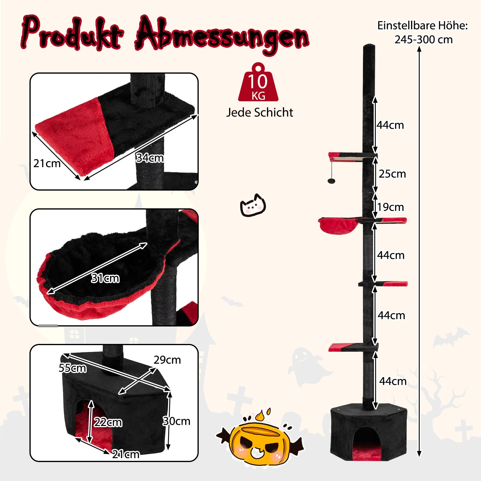 COSTWAY Drapak na sufit, 245-300 cm, od podłogi do sufitu, gotycki Halloween, 5-piętrowy drapak dla kotów, drapak na dużą wysokość, drzewo do wspinaczki z sizalowymi słupami, koszykiem, jaskinią i