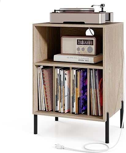 Miniatura 12 de Giantex - Soporte para tocadiscos con estación de carga, mesa para tocadiscos con gabinete de almacenamiento, estante para tocadiscos con patas de