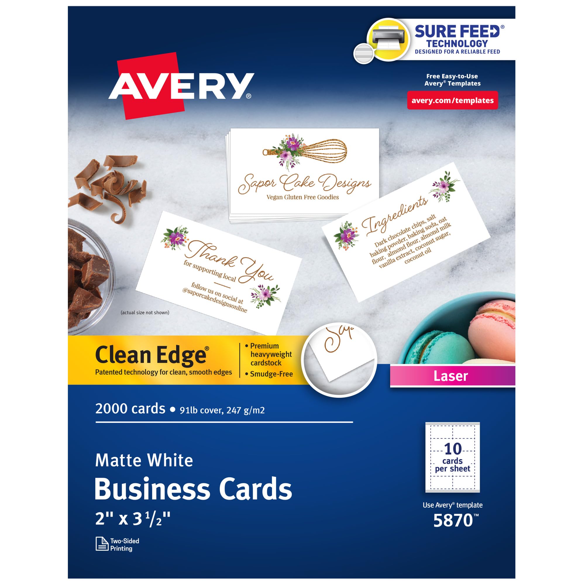 Avery Clean Edge Laser tarjetas de visita, blanco, 2 x 3,5 pulgadas, caja de 2000 (5870)