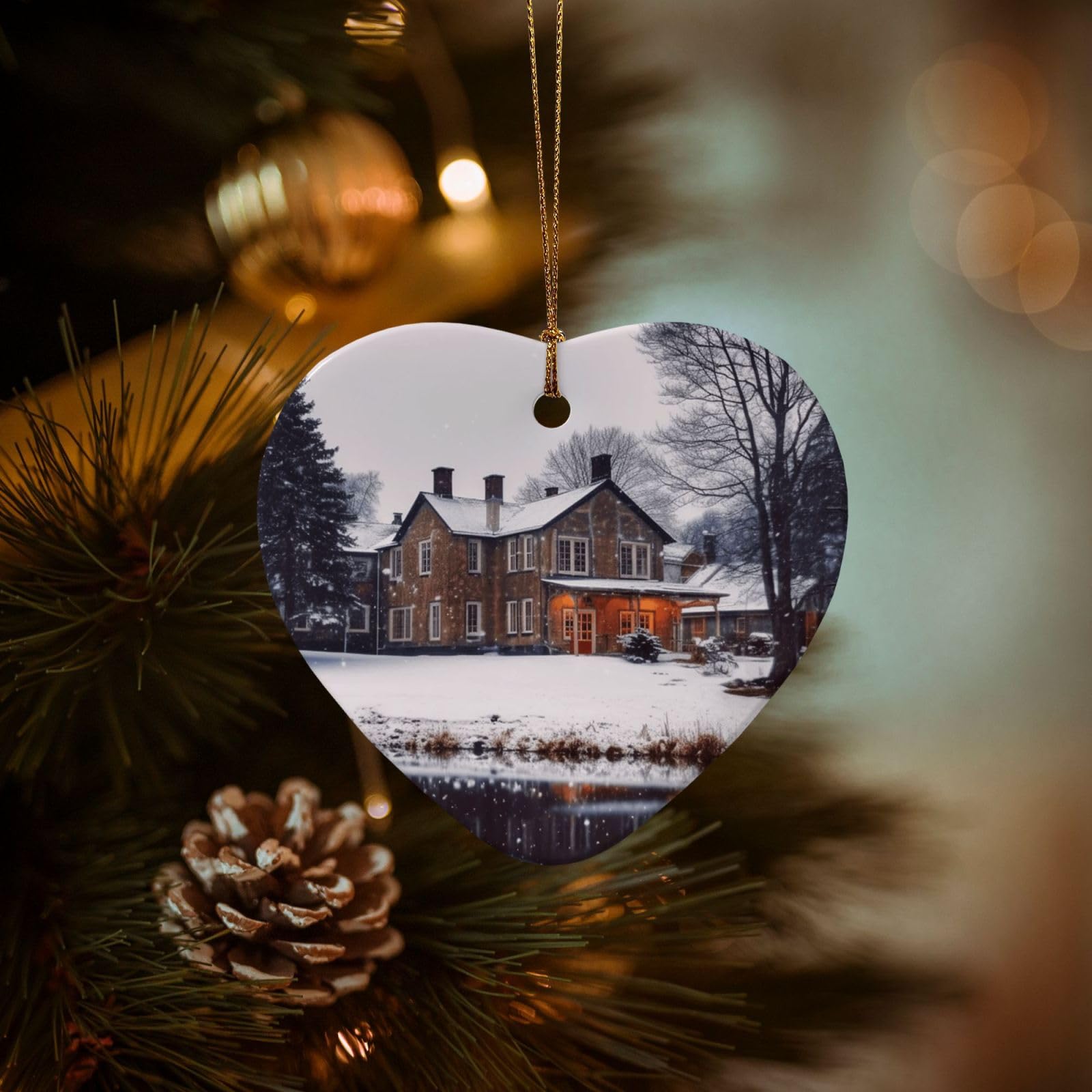 Christmas Tree Ornaments Ceramics Christmas Decorations Winter Farmhouse Ornaments with Gold Ribbon Porcelain Xmas Tree Crafts Heart Shape Hanging Pendant for Christmas Tree Party Decor