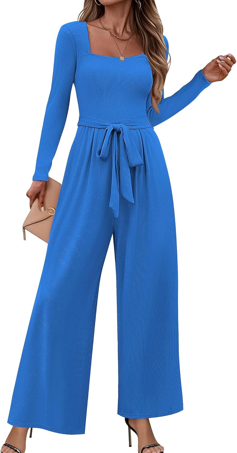 Jumpsuits For Women Dressy Long Sleeve Square Neck Casual Belted Wide Leg Long Pants Romper One Piece Outfits