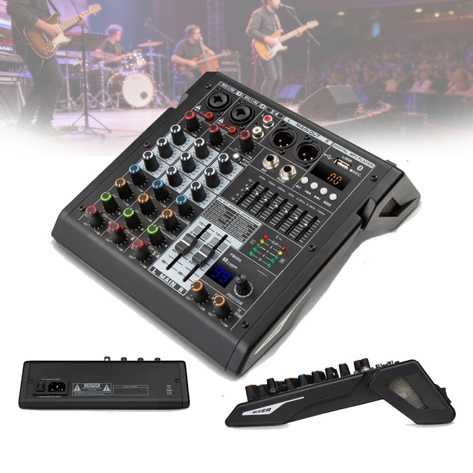 LIULIQ 4/6/8-Channel Professional DJ Mixer, Audio Mixer, Compact Mixing Console with 99-Bit DSP Effects, 7-Band EQ&48V Phantom Power, MP3 Player & XLR Inputs, for Recording, Live Streaming