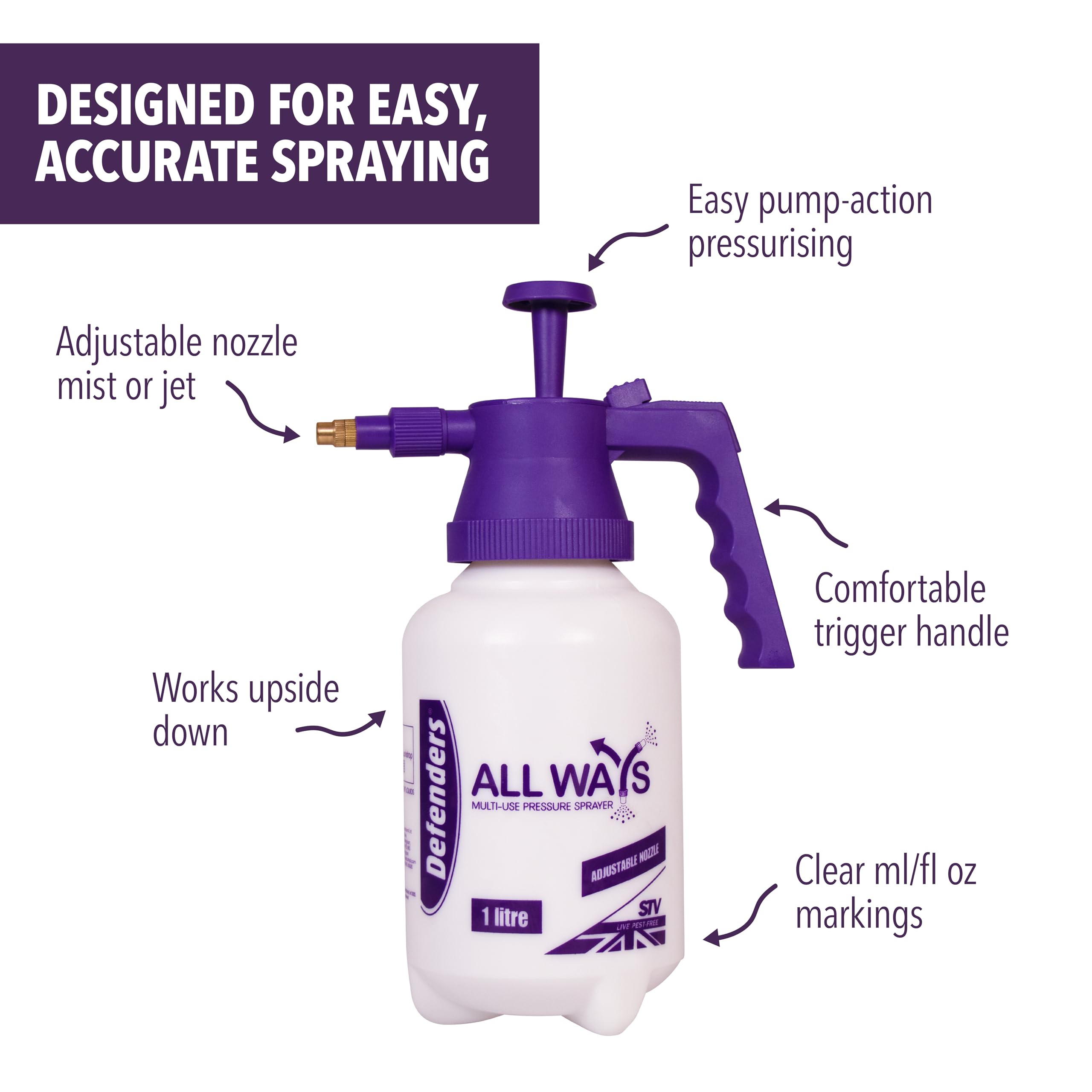 Defenders All Ways Multi-Use Pump Action Pressure Sprayer – 1 L, Adjustable for Home & Garden Use - Indoor Plants, Cleaning, Outdoor, Garden, Fertilisers, Pesticides & Weed Killers — view 6