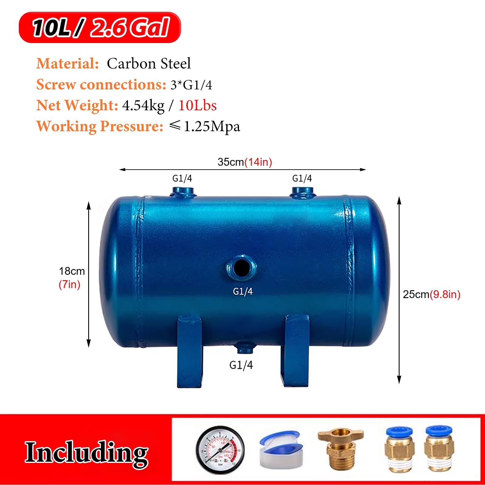 Lufttank Hochdruck-Luftbehälter für Pneumatiksysteme, Komplettes Druckluftbehälter-Set mit Manometer, Robuste Vakuum-Speicherbehälter für Propangas(10 L/2.6 Gal (StyleA))
