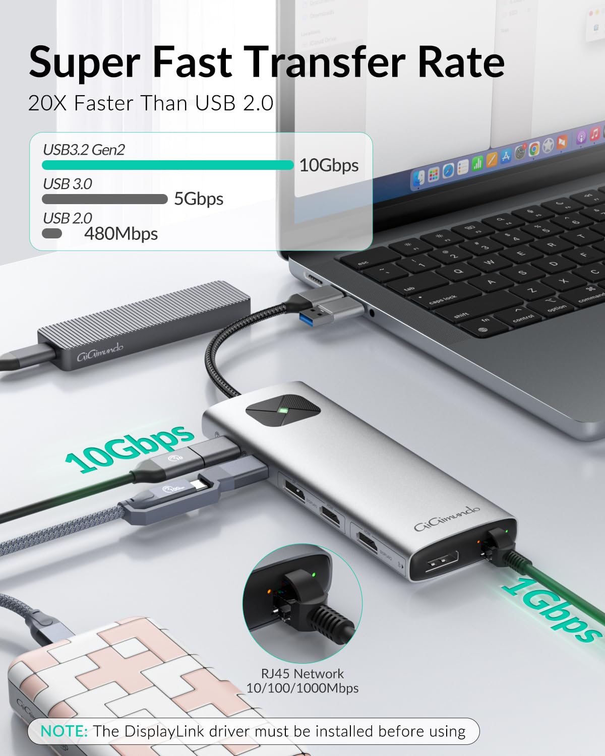 GiGimundo Station d'accueil USB C 10 en 1, Displaylink pour MacBook Air/Pro avec 2 * 4K @60Hz HDMI et 2*DisplayPort, Gigabit Ethernet, 3 * USB3.2, 100W PD, port Audio 3.5mm, pour Windows/Linux-Argenté