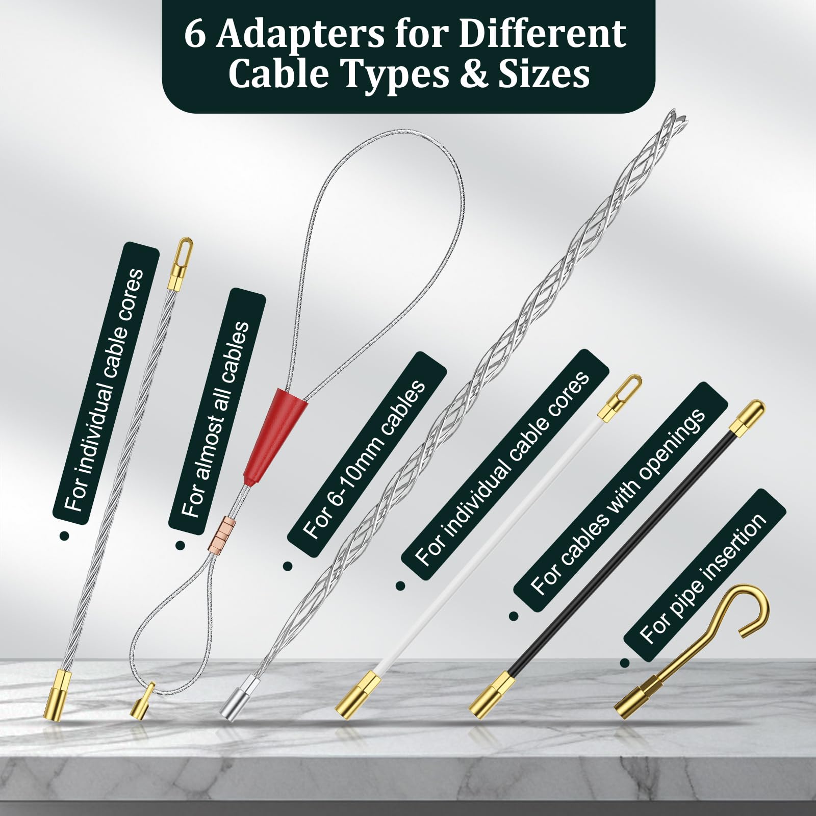 50m Guia Pasacables Profesional, 4.5mm de diámetro Sonda Elettricista Guia Electricista con 5 Adaptadores, Pasacables Electrico para Tirar de Cable Guía