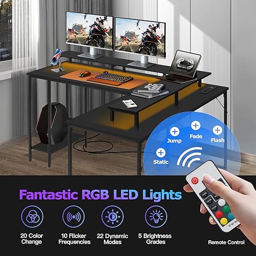 Miniatura 5 de Panana Escritorio de computadora en forma de L de 53.5 pulgadas con luces LED y tomas de corriente, escritorio esquinero reversible en forma de L