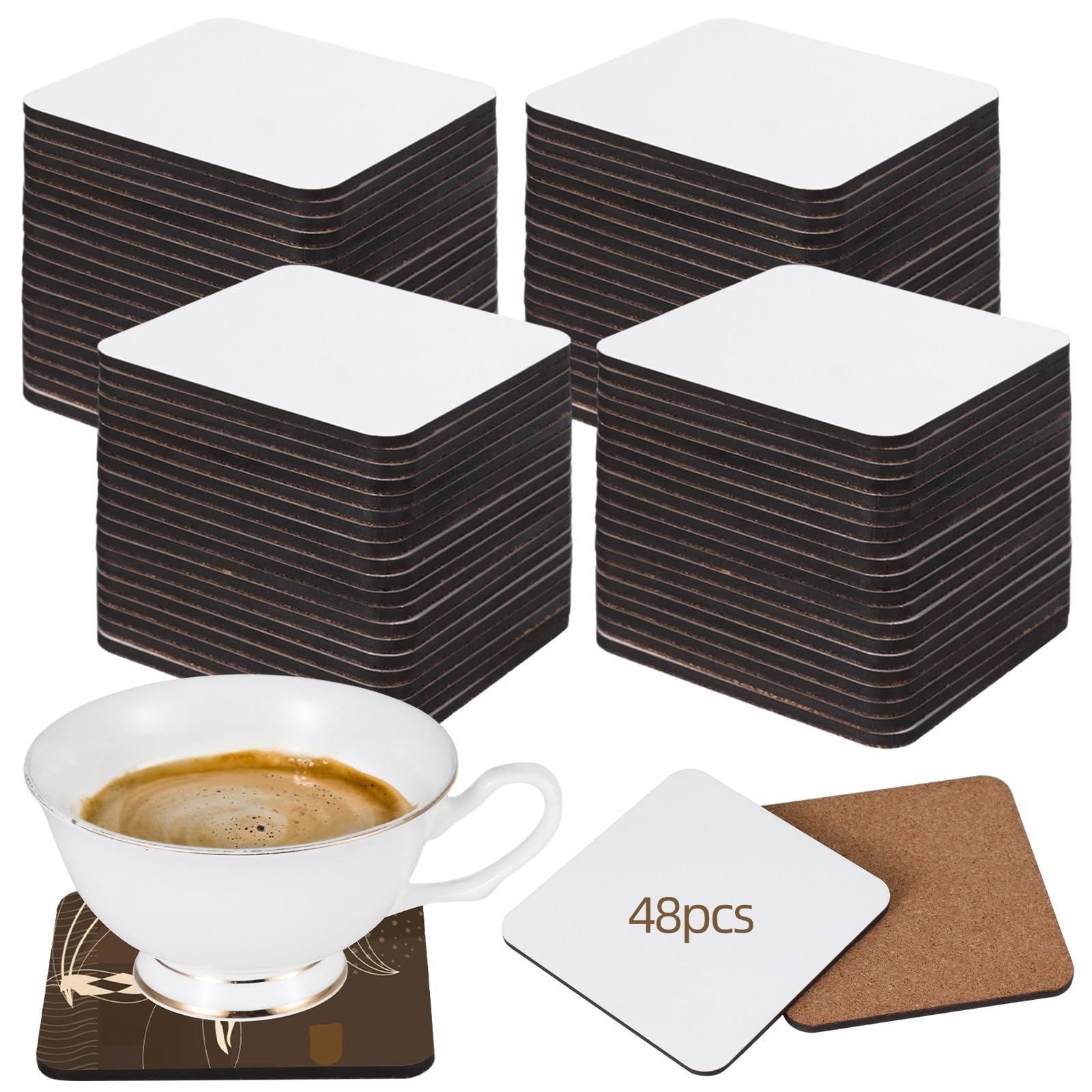 48 posavasos de sublimación en blanco con respaldo de corcho y MDF, resistentes al calor y al frío, posavasos antideslizantes para bricolaje y regalos personalizados