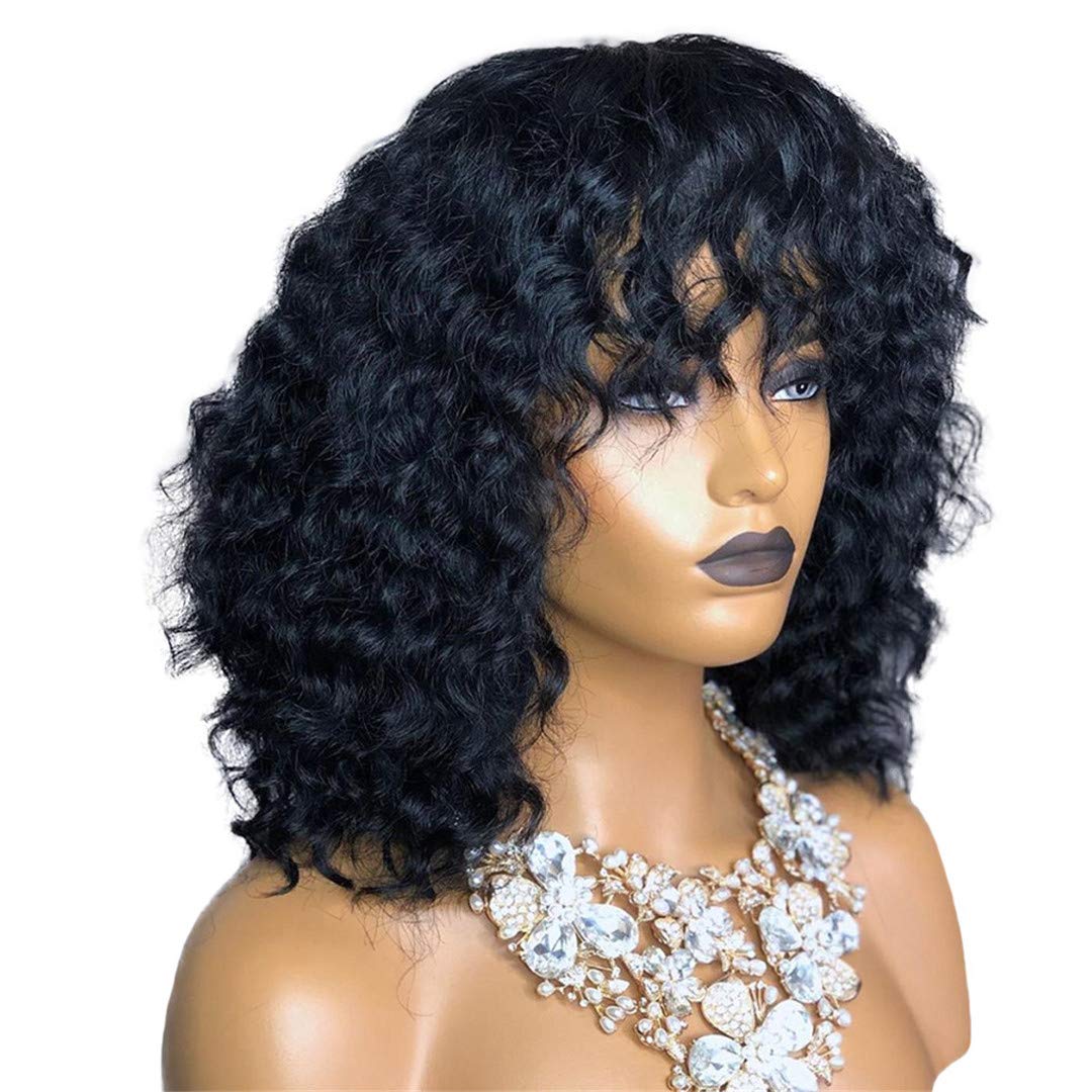 Deep Curly Wig With Bangs Lace Front Human Hair Wigs Brazilian Remy Hair 13X4 Ear To Ear Front Lace Wig Pre Plucked For Women Natural Black Color 16inches 130%