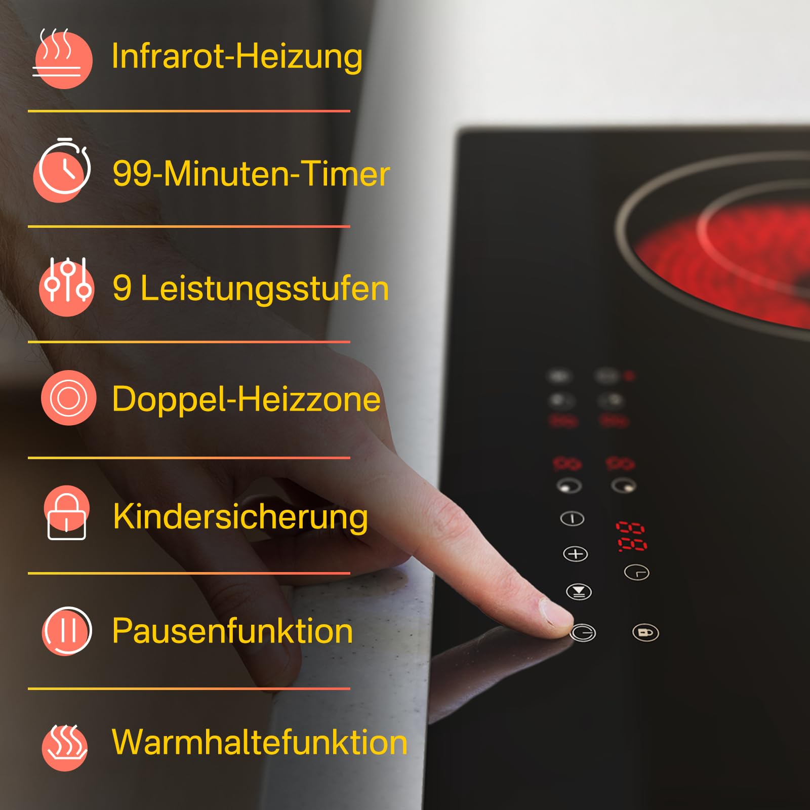60 cm Glaskeramik Kochfeld 4 Zonen, Infrarot Elektrokochfeld Einbau 230V, 9 Leistungsstufen, Timer, Pause, Warmhaltefunktion, Kindersicherung, EU46T1-1R