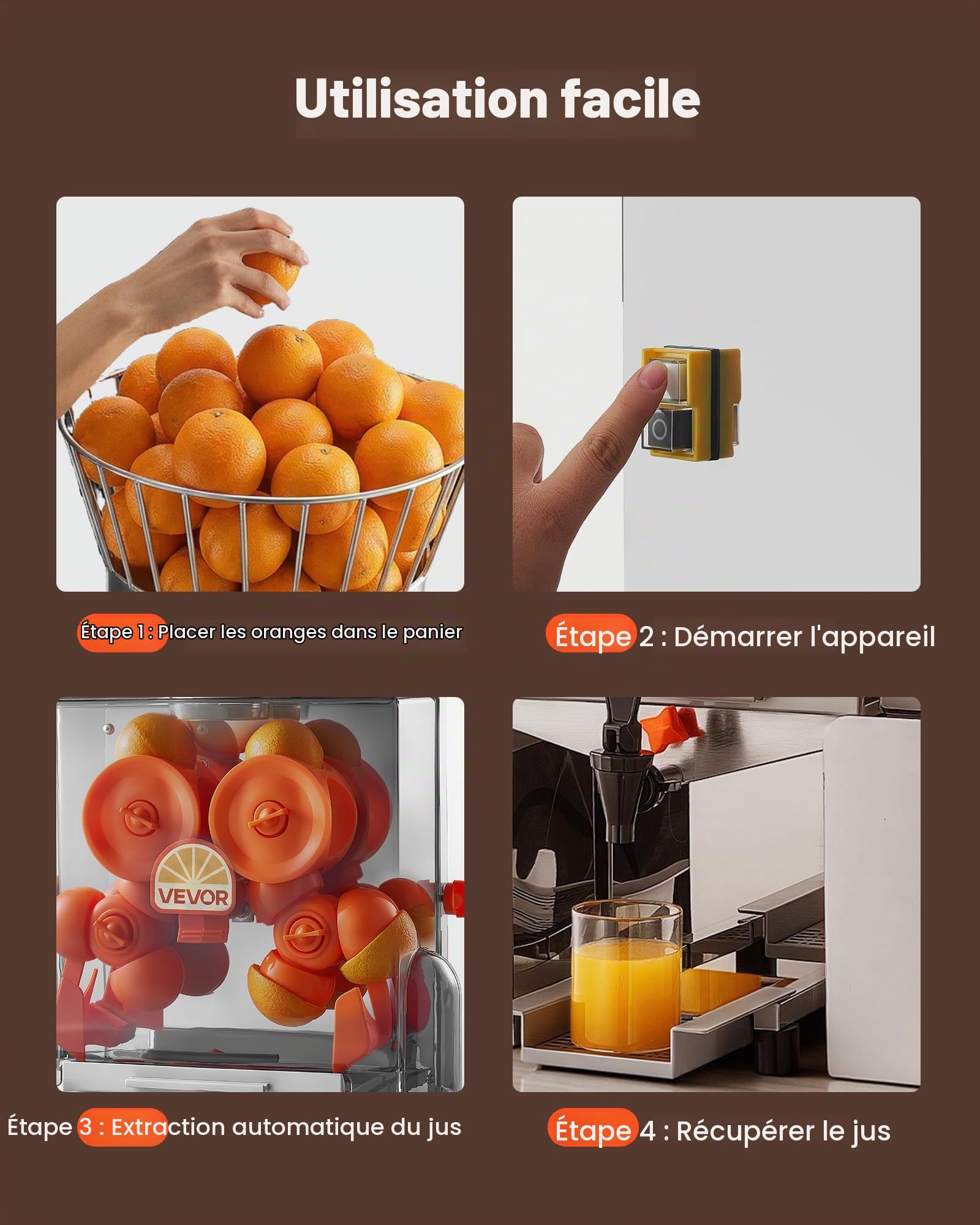 VEVOR Presse Agrumes Professionnel Extracteur de Jus Automatique en Inox, Pour Bar à Jus Restaurant Supermarché, Presse Orange Électrique 120 W, Rendement Élevé 20 Oranges/min, Avec Bacs et Robinet
