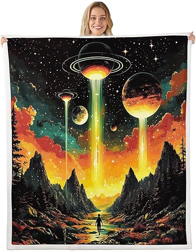 Miniatura 6 de Manta de franela de alienígena, misteriosa nave espacial estrellada con purpurina y planetas de cielo para decoración de habitaciones, manta