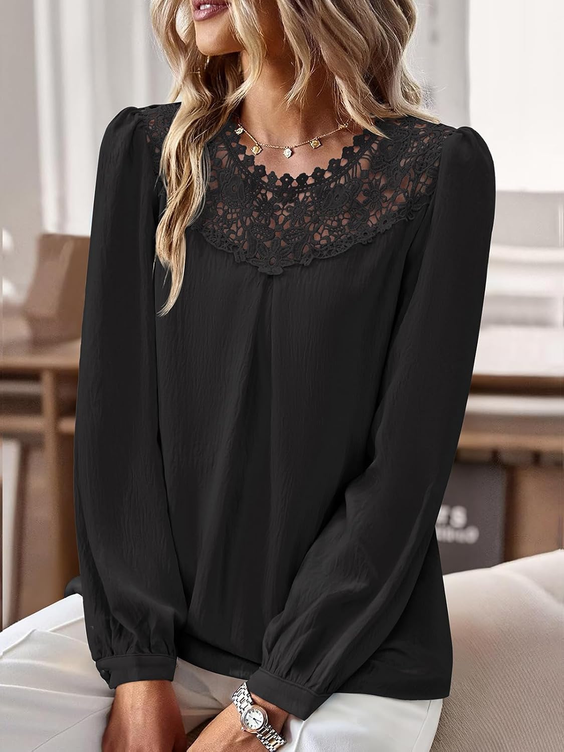 Boho Tops for Women Flowy Tops Long Sleeve Shirts Dressy Casual Chiffon Blouse Lace Hem Crochet Clothing Trendy 2026 - Image 5