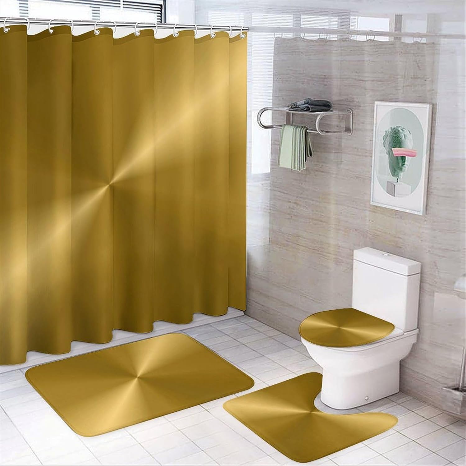 4Pcs Gold Metallic Shower Curtain Sets, Bathroom Set Decor with Non-Slip Bath Mat, Toilet Lid Rug and Contour Mat, 72 x 72inch
