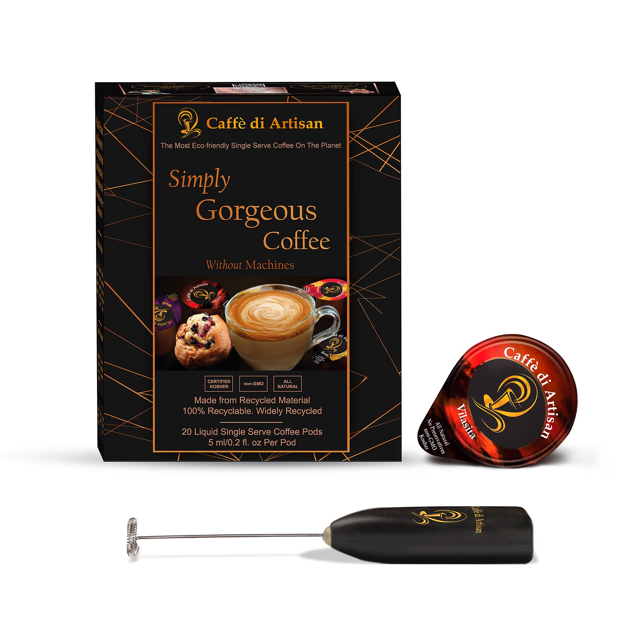 Caffè di ArtisanLiquid Coffee Pods – Premium Single-Serve Coffee for Cold Brew concentrate, Iced Coffee & Hot Coffees – Machine-Free, Eco-Friendly, Ready in Seconds. Rich; Vilasita with Frother; Arabica; Medium Dark Roast – 24 Count