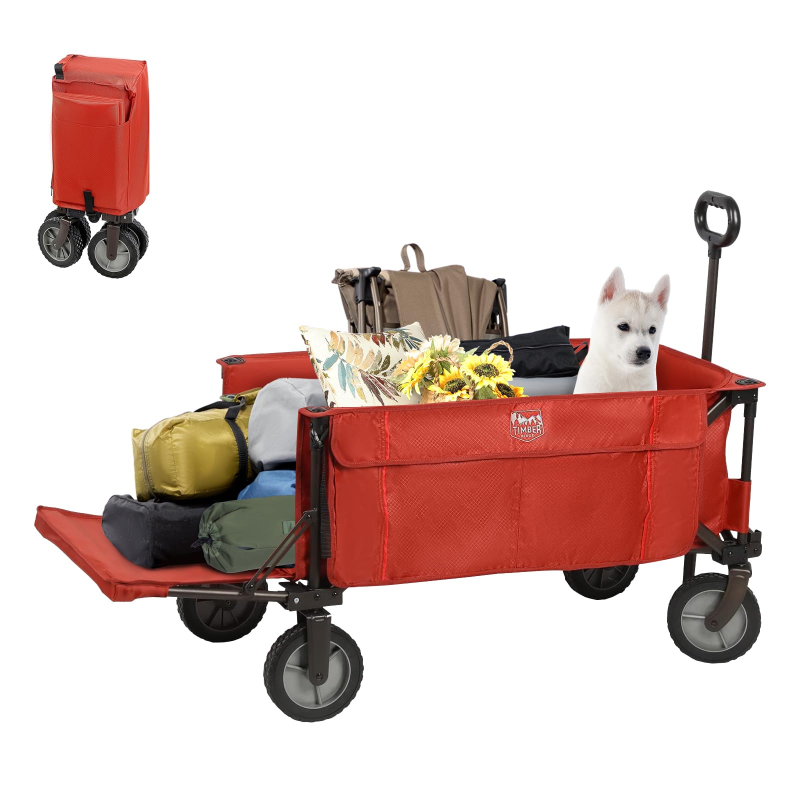 Tailgate Collapsible Folding Wagon Cart, Heavy Duty Utility Push Pull Beach Wagon Foldable, Outdoor Grocery Cart with Side Pockets for Camping, Garden, Shopping, Holds 225 lbs, Red