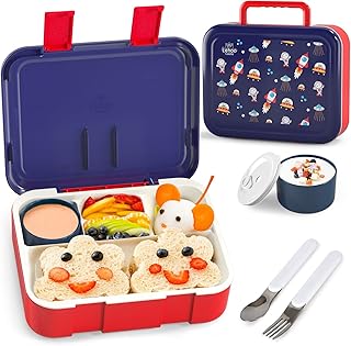 Lehoo Castle Bento Lunch Box for Kids, Kids Bento Box with 5 Compartments, 1250ml Boys Lunch Box Lunch Container with with Spoon & Fork, Sauce Jar(Space)