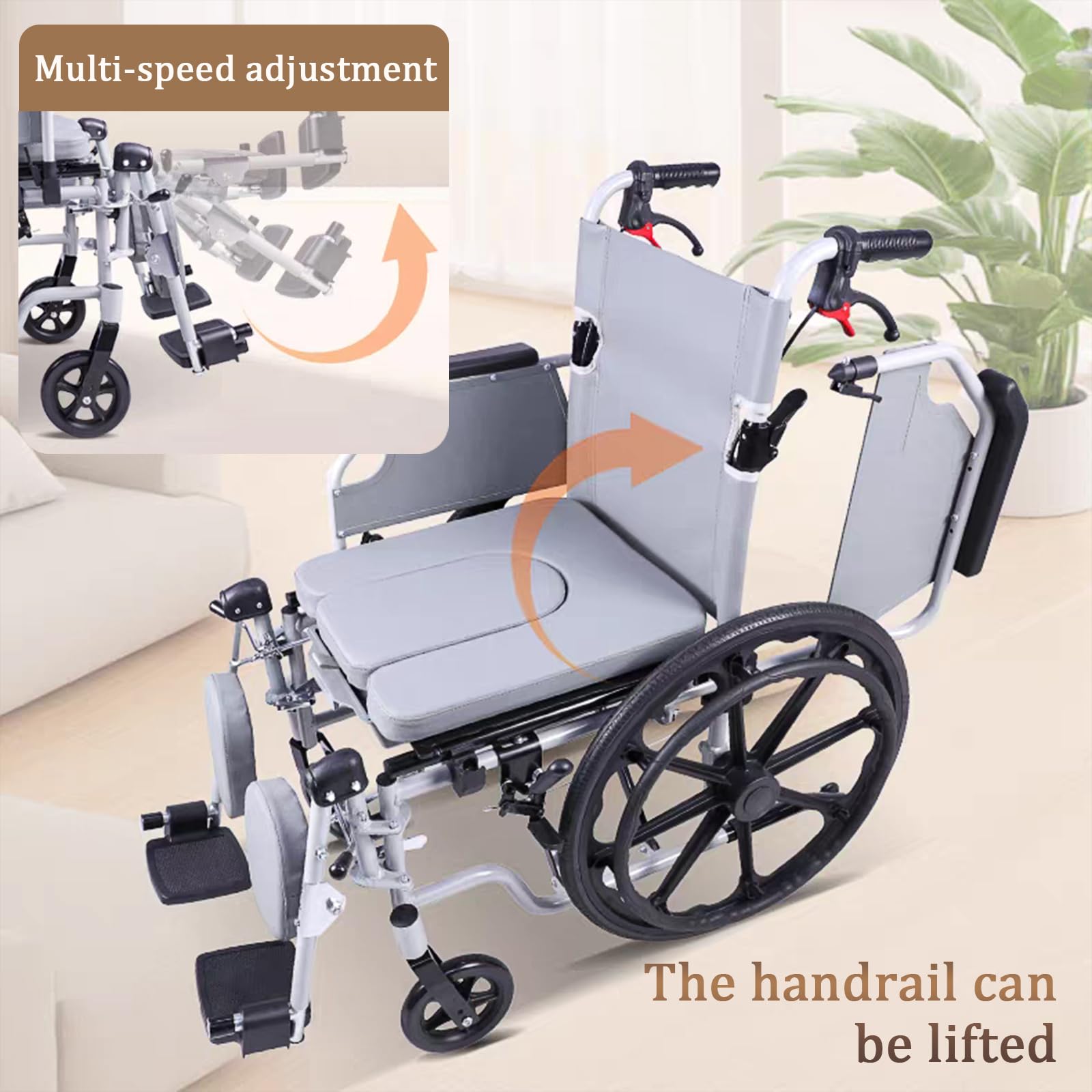 Silla de Ducha con Ruedas y WC, Silla de Baño Geriatrica Plegable, Silla De Ruedas De Transporte Plegable Ligera,Aluminio, Freno en manetas, Capacidad de Carga 100 kg(58*93*89cm/22.8*36.6*35in)