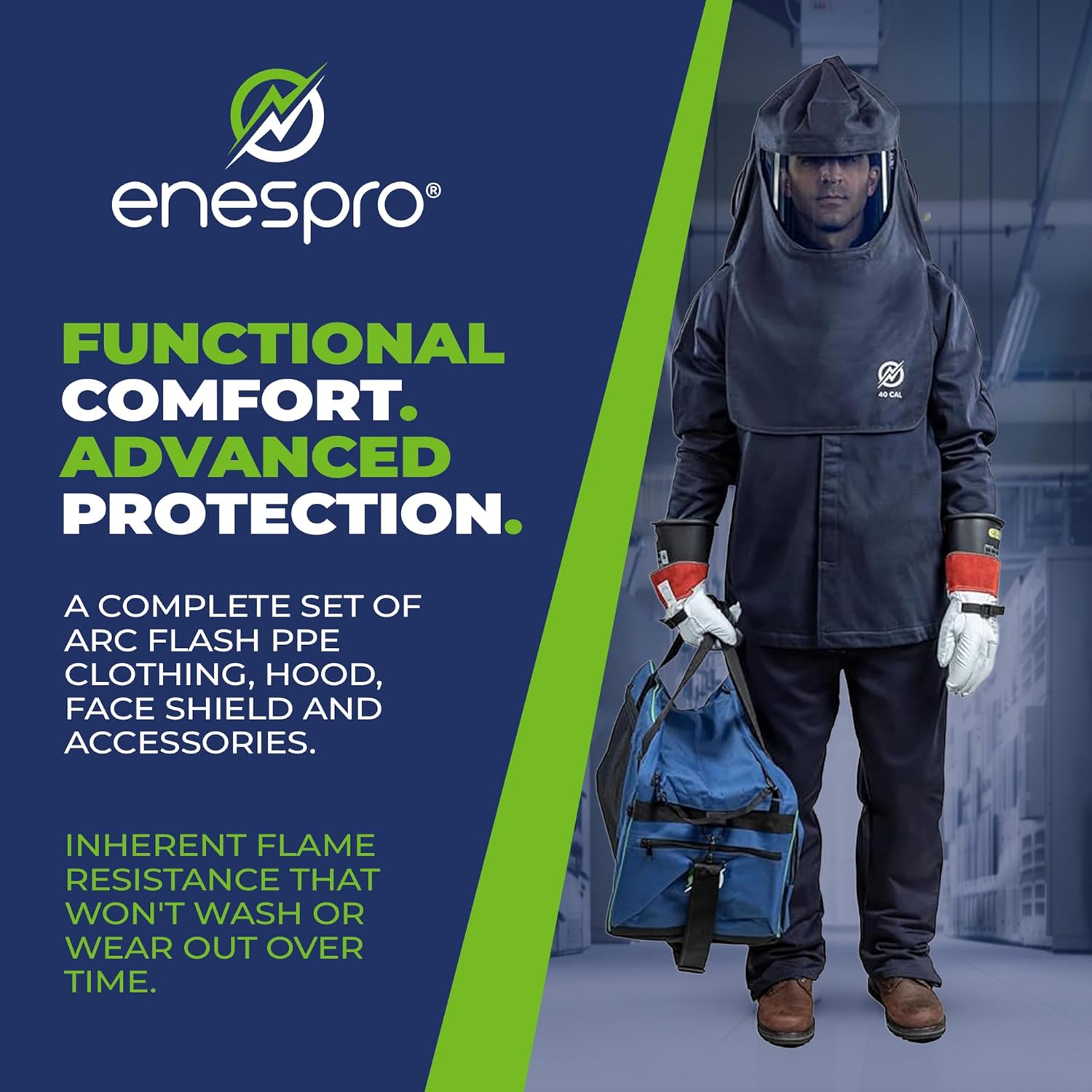 Enespro 40 Cal Arc Flash Kit, CAT 4 Safe, Electrical PPE Kit with Arc Flash Face Shield, FR Overalls, Bib, Jacket & Rubber Insulated Gloves, Safety Overalls for Electrical and Safety Workers, Medium