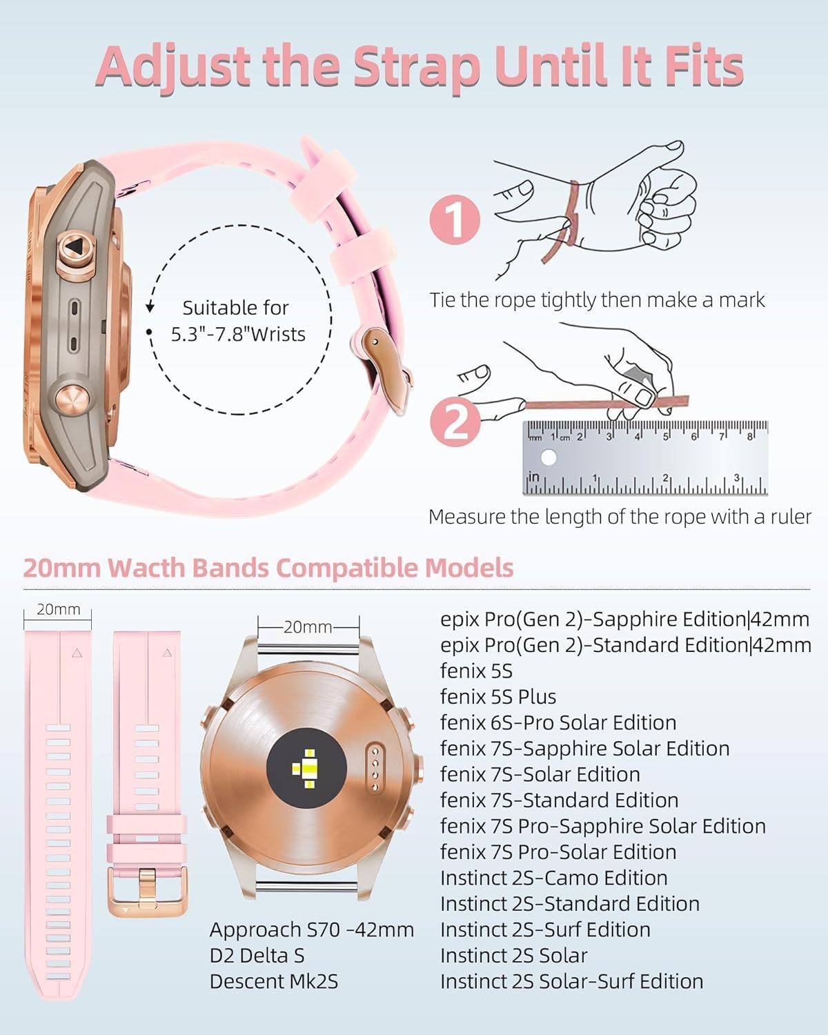 20mm Watch Band Replacement for Garmin fenix 5S/5S Plus/6S/7S/Instinct 2S/D2, Quick Fit Soft Silicone Strap with Rose Gold Buckle Breathable Waterproof Wristband Accessory