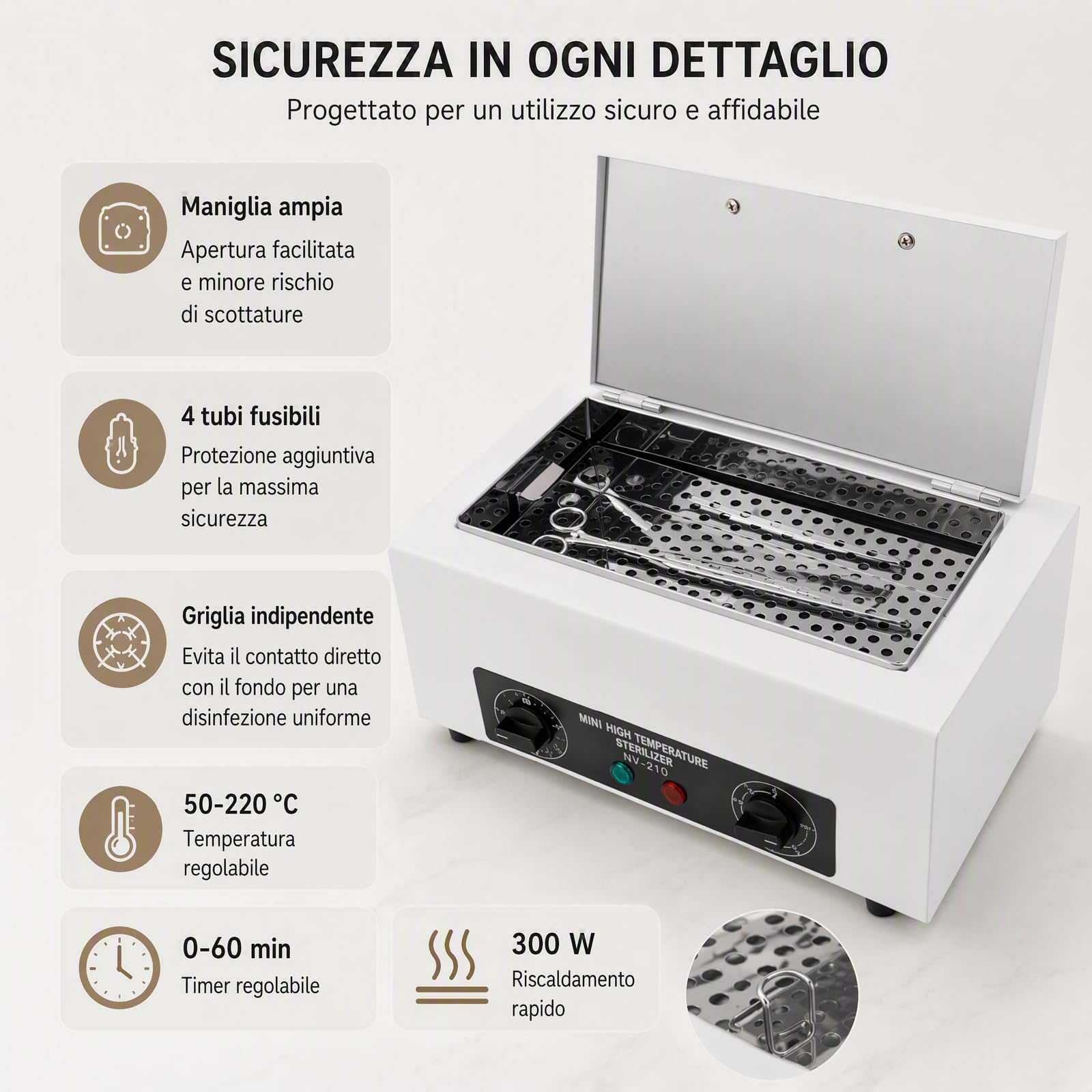 Esterilizador de Instrumentos 300W 220V Esterilizador de Aire Caliente con Temporizador y Luces de Visualización Claras, 2L Max. 220℃ Piano Autoclave para Salones de Belleza, Salones de Uñas, Barbería