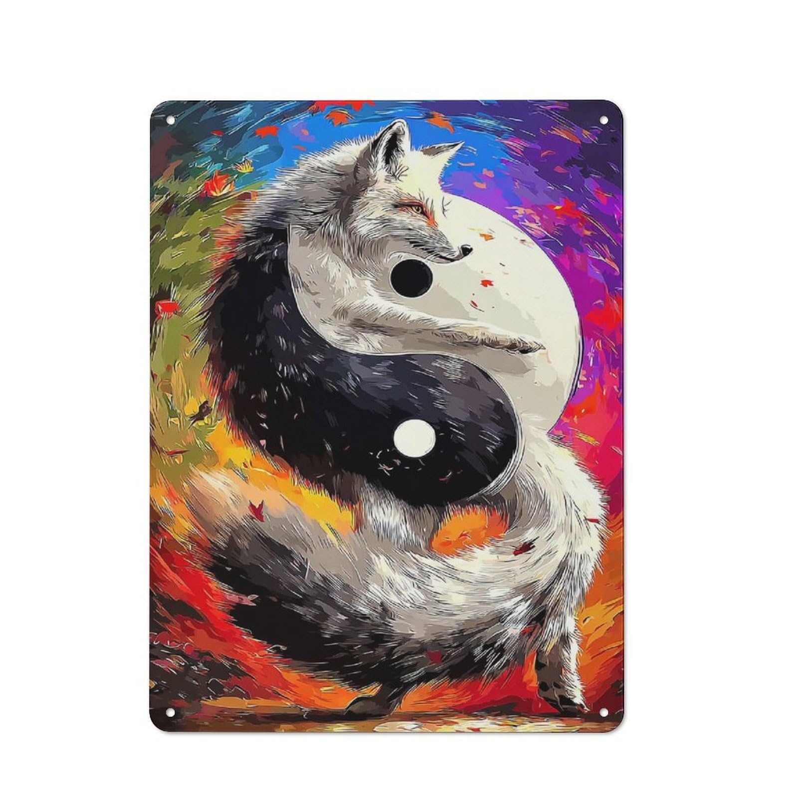 Yin-Yang Fox Harmony in Art Rustic Tin Sign 40x30cm for Man Cave Or Games Room, A Decorative Gift for A Newly Furnished Man Cave And Games Room