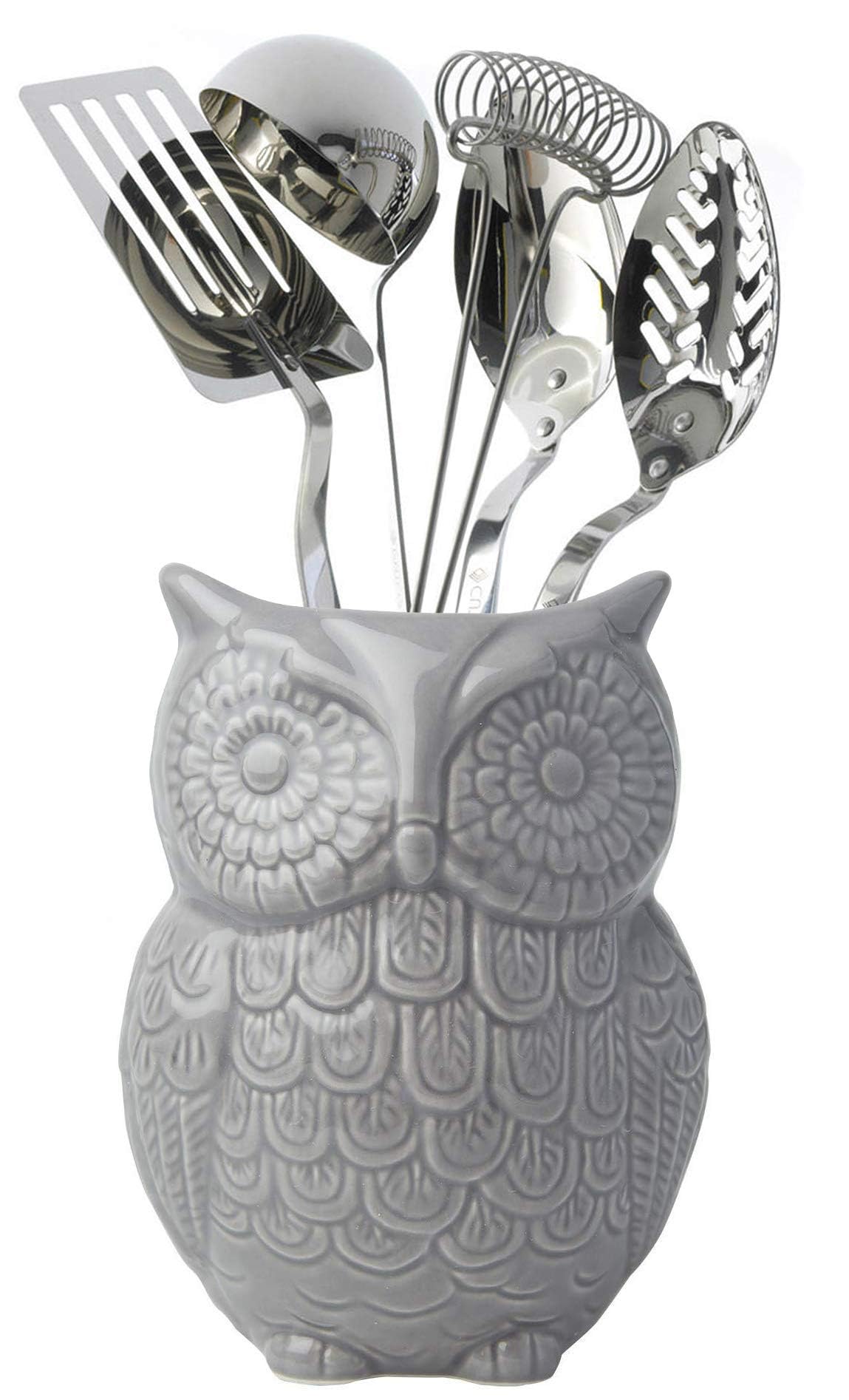 Comfify Eulen Utensilienhalter - Dekorativer Keramik Kochgeschirrhalter & Organizer - in schönem Grau - Utensilien Caddy und perfektes Küchenkeramikdekor Geschenk - 12.7cm x 17.8cm x 10.2cm Größe
