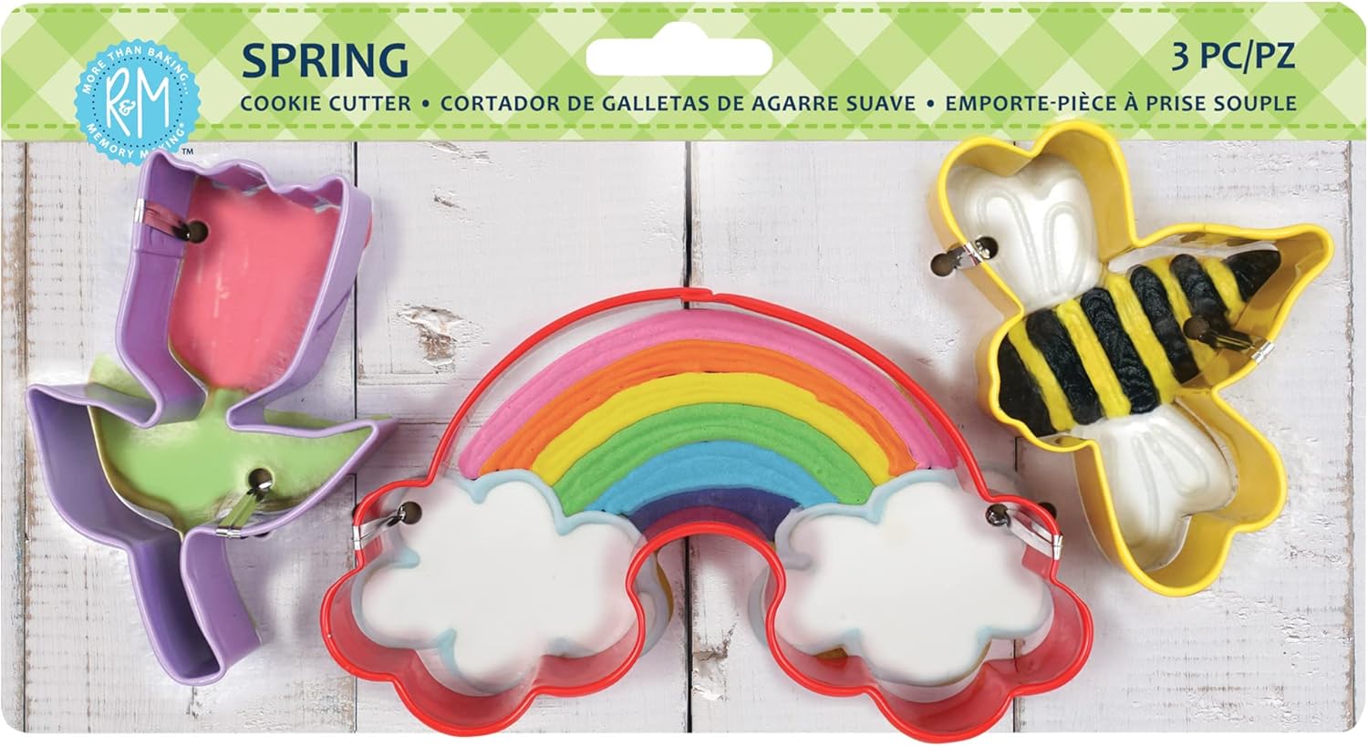 R&M Spring Cookie Cutter Gift Set. Includes Tulip Flower, Rainbow, Bumblebee, 3-Piece Set, Purple, Pink, Yellow R&M Spring Cookie Cutter Gift Set. Includes Tulip Flower, Rainbow, Bumblebee, 3-Piece Set, Purple, Pink, Yellow