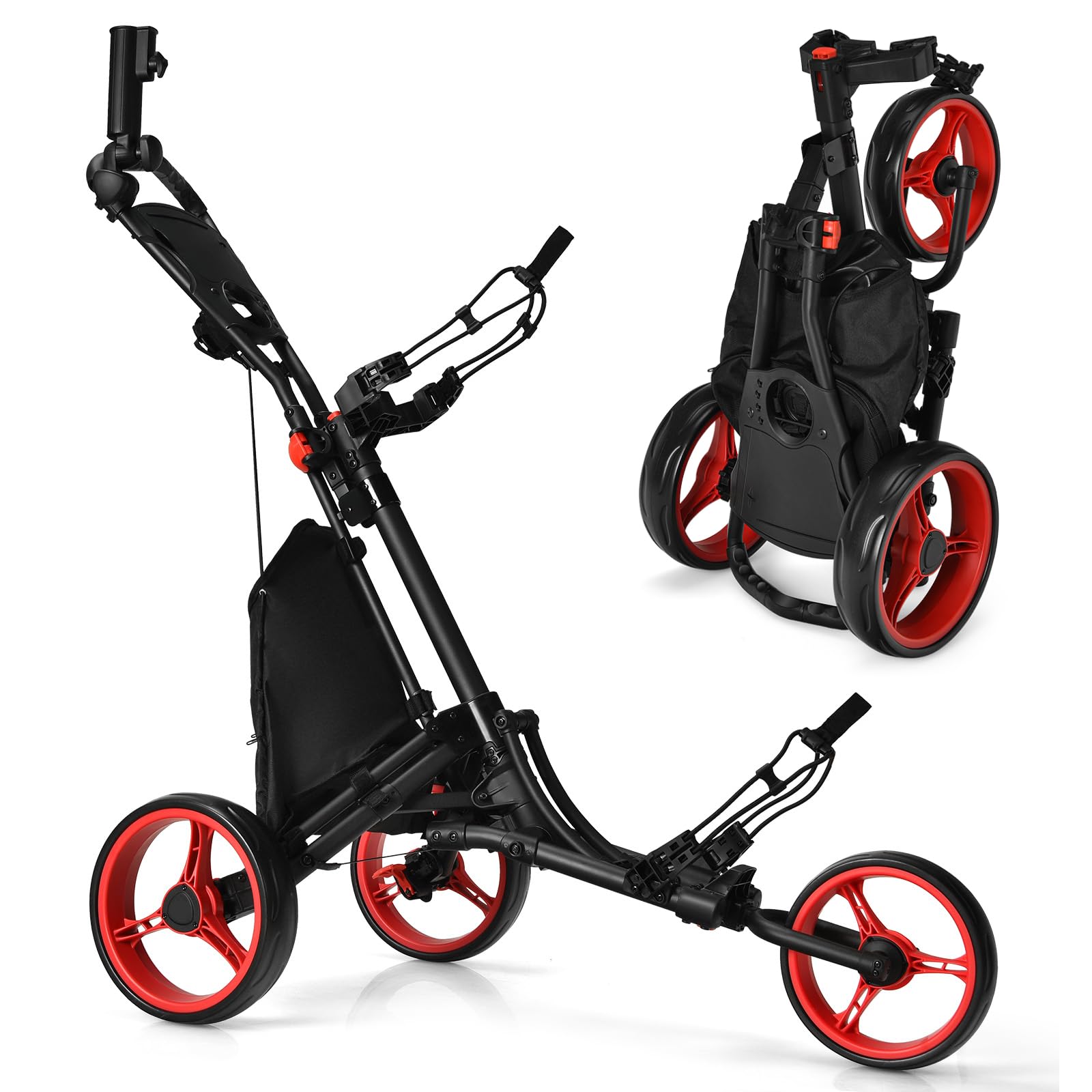 SPOTRAVEL 3 Wheel Golf Trolley, Folding Golf Cart with Storage Bag, Umbrella Holder, Foot Brake & Built-in Cooler, Portable Golf Push Trolley(Red,Without Detachable Seat,122 x 69 x 98-114cm)