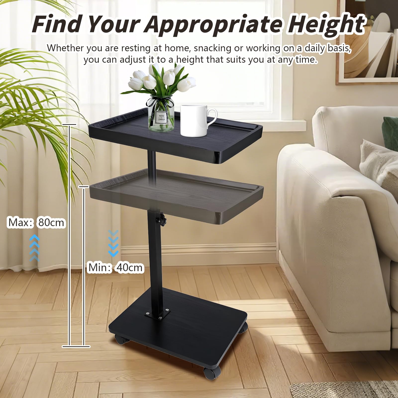 XUDREZ Mesa auxiliar ajustable en forma de C con 4 ruedas giratorias de 360°, mesa auxiliar para sala de estar, dormitorio, sofá, bañera, mesita de noche, lactancia (negro)