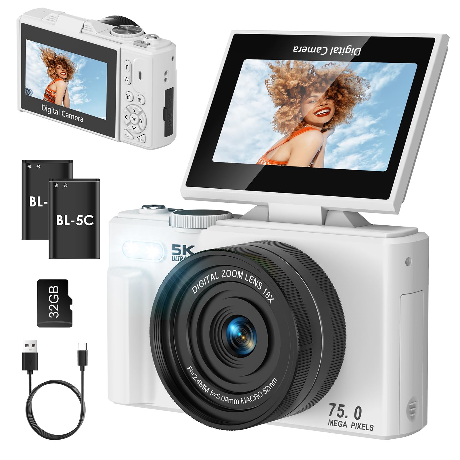 Appareil photo numérique 5K 75 MP, WiFi, zoom 18x, écran rabattable de 3