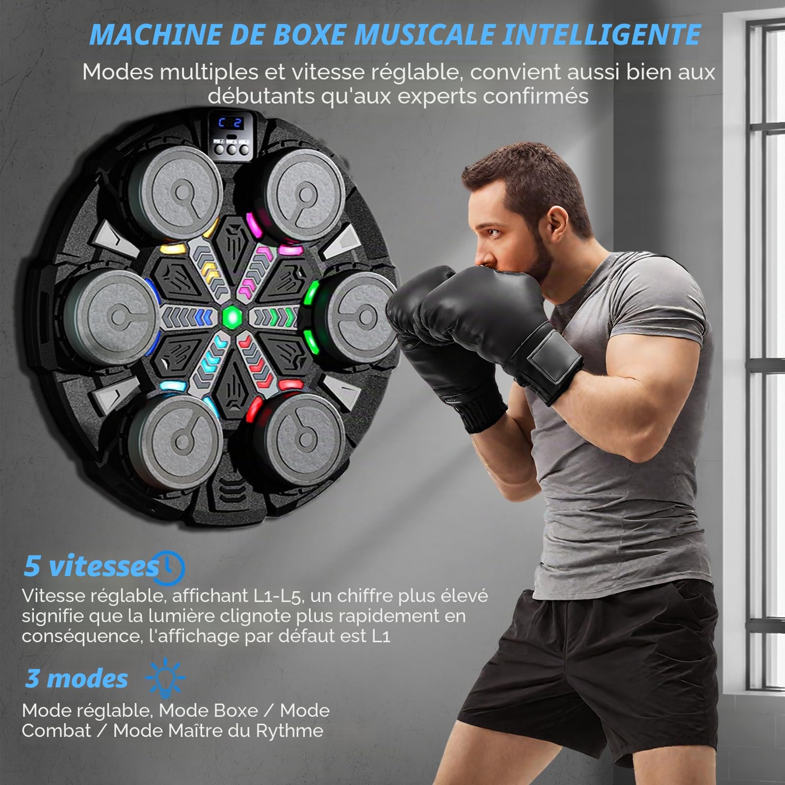 ROCKY&CHAO Music Boxing Machine de Boxe - Machine de Boxe Murale LED avec Musique et Bluetooth - Vitesse à Plusieurs Niveaux - Entraînement de réaction et d'entraînement de Boxe pour la Maison - avec
