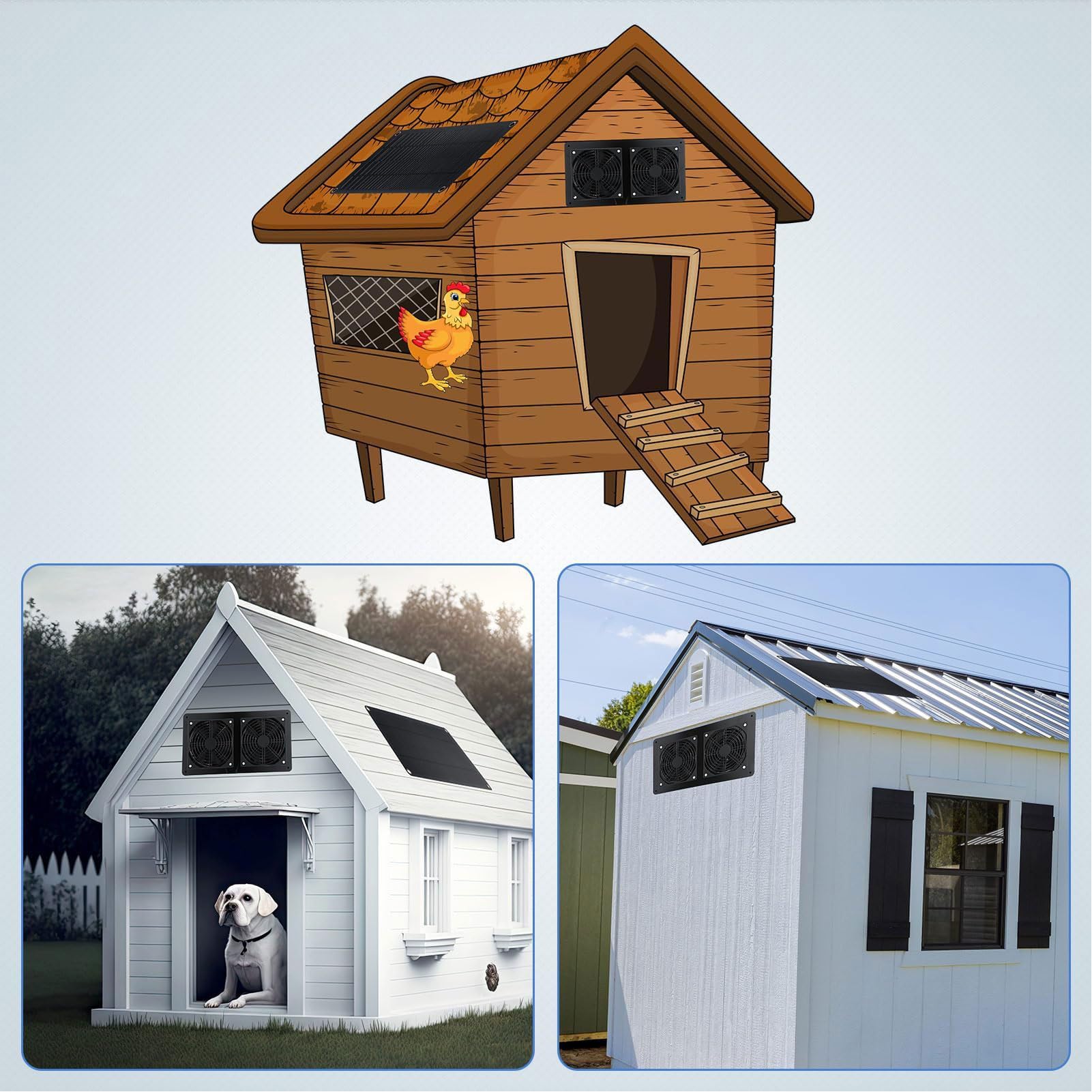 Ventilatore di ventilazione a energia solare | 10 W 200 CFM per pollaio/serra/casetta per animali domestici | Kit ventole doppio ventilatore antivento a tenuta di pioggia