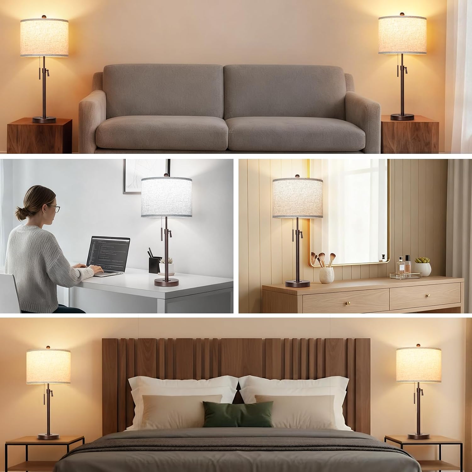 Qingmiao Table Lamps Set of 2, 22" to 30" Adjustable Nightstand Lamps for Bedroom, Dimmable End Table Lamps for Living Room Console Entry Farmhouse Home Decor, New House Warming Gifts