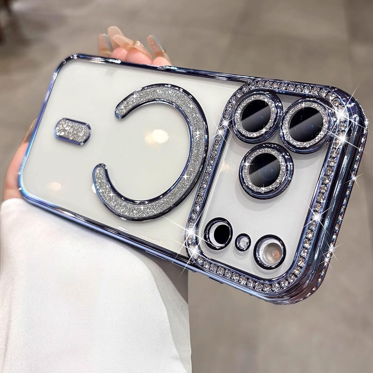 for iPhone 17 Pro Max Case Magnetic, [Compatible with MagSafe] Women Cute Clear Glitter Bling Diamond Rhinestone Sparkly Case Camera Lens Protectors Plating Cover 6.9'' 2025, Blue - Image 8