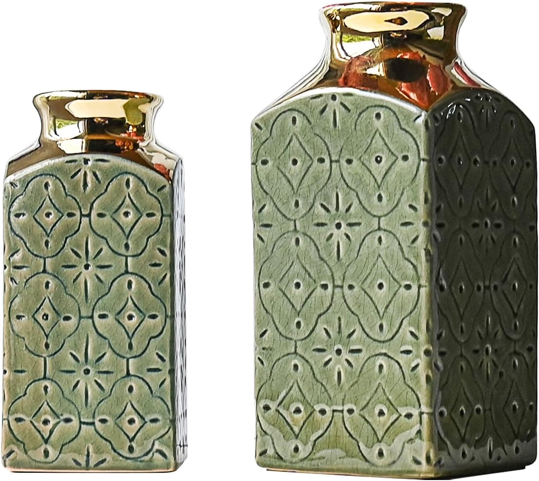 Modern Ceramic Vase Set of 2 for Living Room Bedroom 9.3'' and 7.9'' Flower Vases for Home Decor Office Centerpieces Vintage Antique Green Gold Farmhouse Rustic Minimalist Gift for Fake Plant