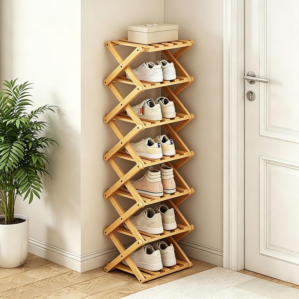 Gziztx 7 Tier Bamboo Shoe Rack, Folding Shoe Storage Rack, Vertical Narrow Shoe Rack, Without Installation, Portable Free Standing Shoe Organiser for Corridors, Bedroom and Small Spaces