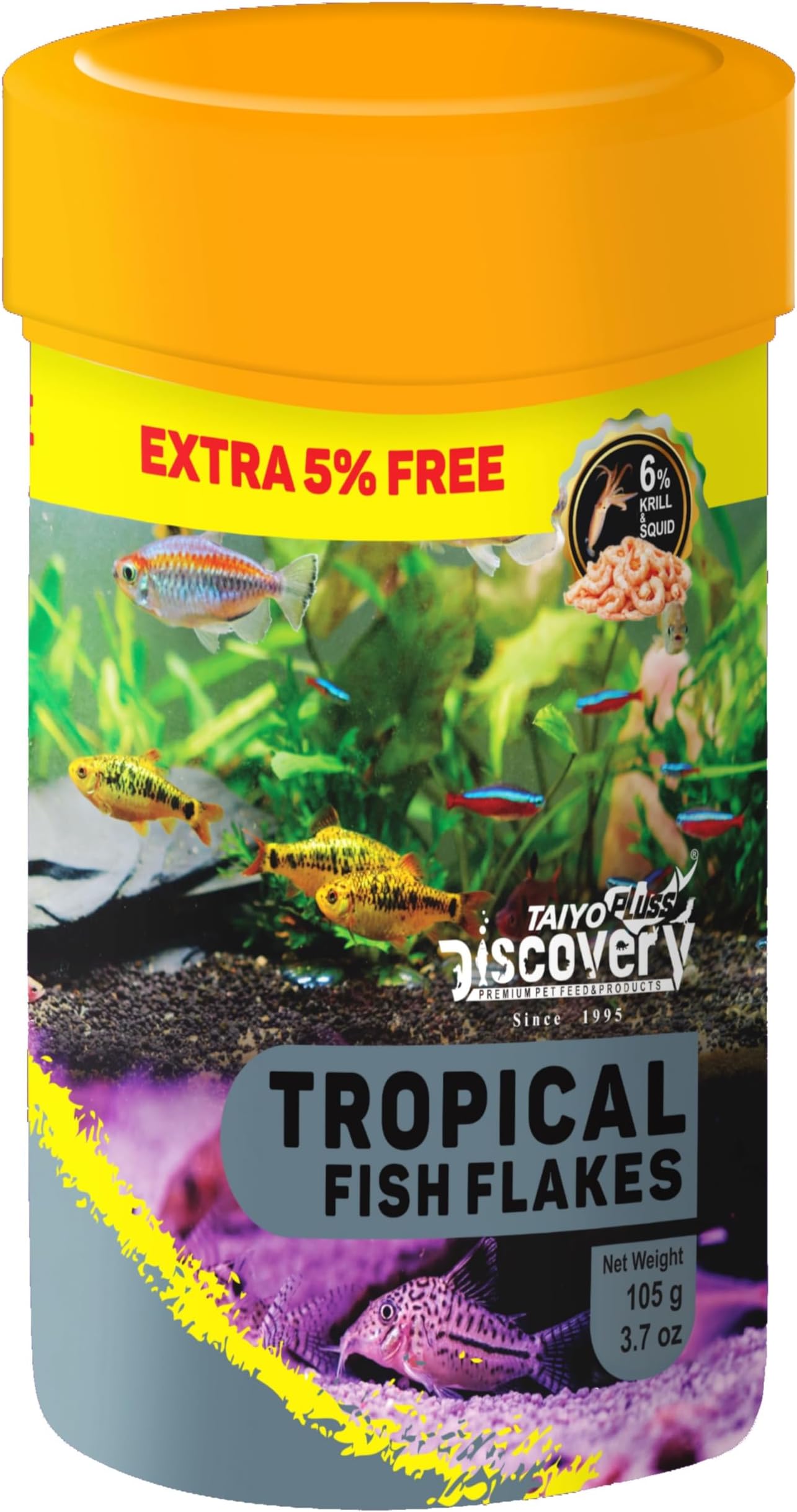 Taiyo Pluss Discovery Tropical Flakes Fish Food - 105 g (100 g + Extra 5% Free) (Pack of 1) | Premium Slow Sinking Diet for Fishes with Krill & Squid for Active Growth & Coloration
