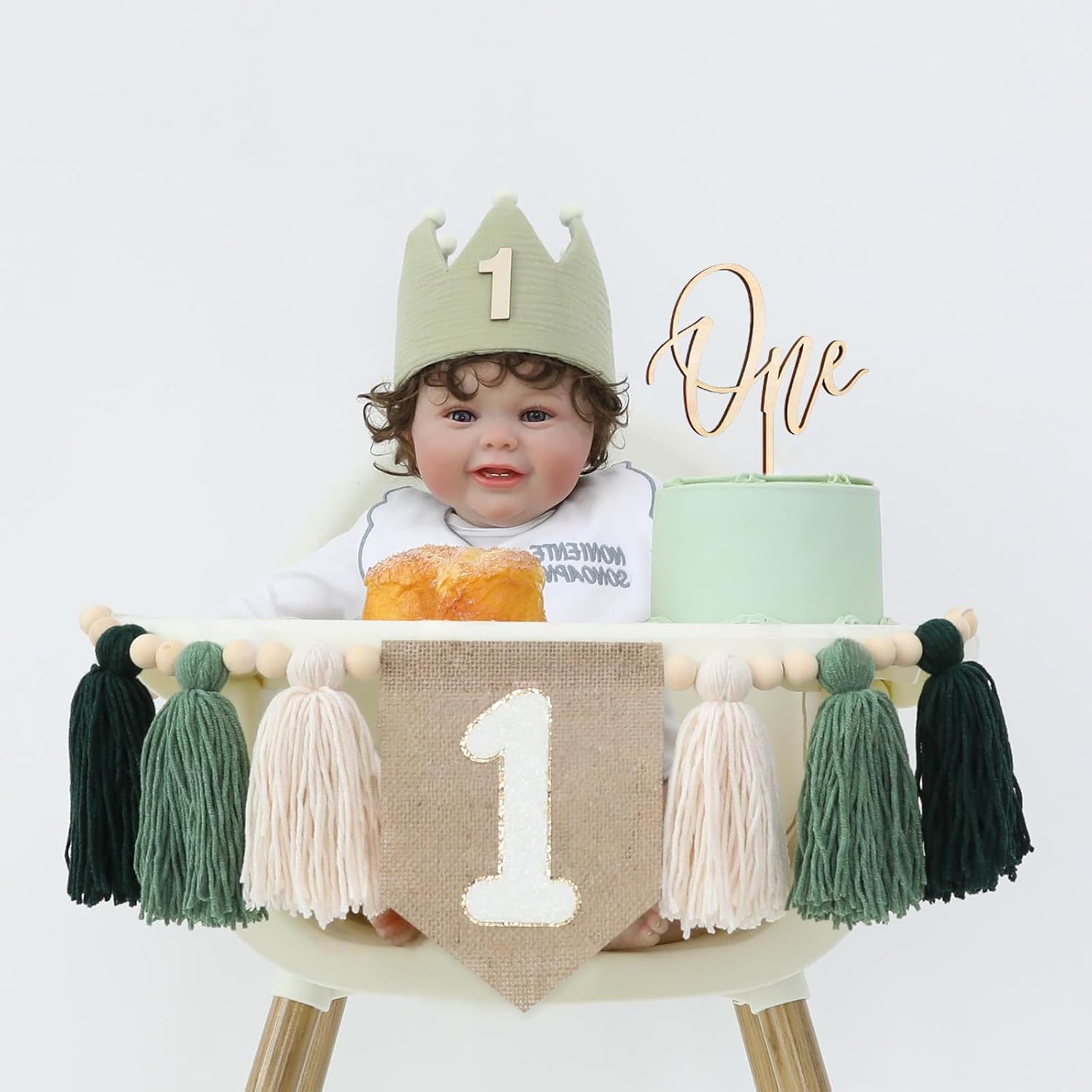 1st Green High chair Banner Wood Bead Tassel Garland Crown Hat Wooden Cake Topper Birthday Party Decorations - Image 5