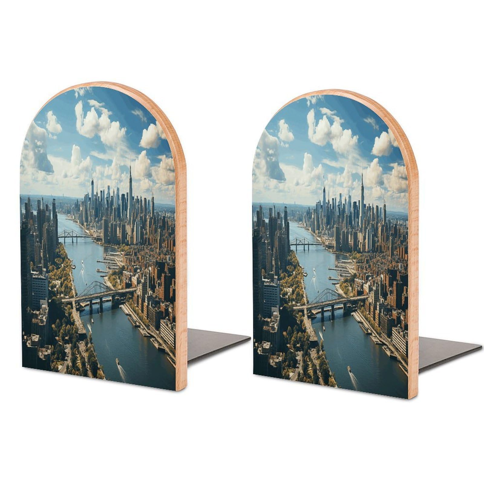 Penthouse View Over New York Manhattan Bookend Wood Book End for Shelves Heavy Duty Non-Slip Wooden Bookend Support Universal Economy Bookends Fancy Modern Decorative Book Accessories 1 Pairs